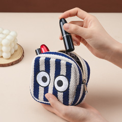 キャンバスビッグアイリップスティックバッグカード収納袋デジタルバッグ小さな吊り下げバッグ刺繍ポータブル化粧品バッグ小銭入れ女性