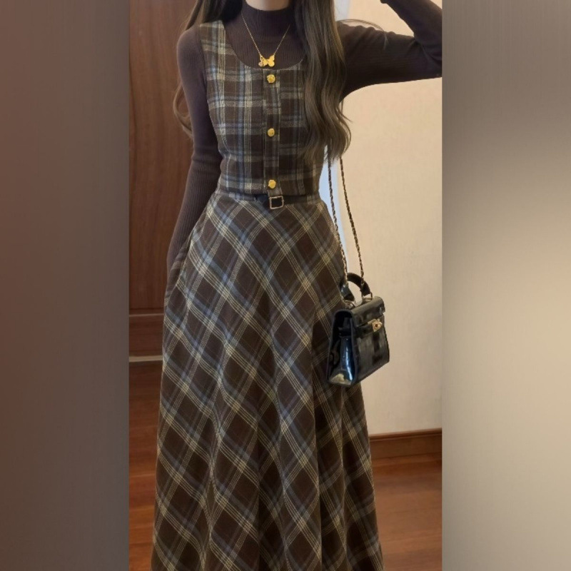 秋冬法式复古针织衫打底毛衣毛呢格子马甲格纹高腰半身裙三件套女|undefined
