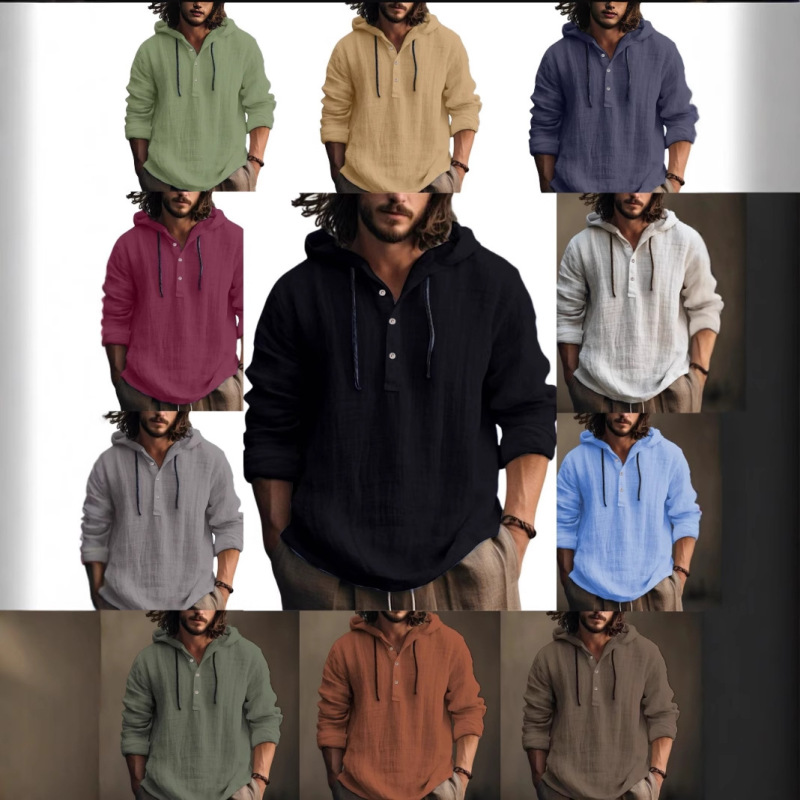 2025 Independent Station New Wish Cotton and Linen Hooded Shirt Sweatshirt Spring, Summer and Autumn Long-Sleeved Casual Pure Color Trendy Cross-Border