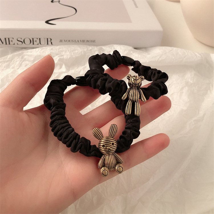 Metal retro conejo negro anillo de cabello de cola de caballo cuerda de cabello elástica de alta altura temperamento banda de goma adornamiento para el cabello