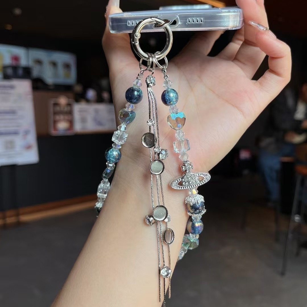 Cable de teléfono móvil de alto nivel, la emperatriz imperial del oeste Saturno, el planeta, cuentas de cristal, cuentas de fresa, cadenas de teléfono móvil hechas a mano, colgantes de muñeca