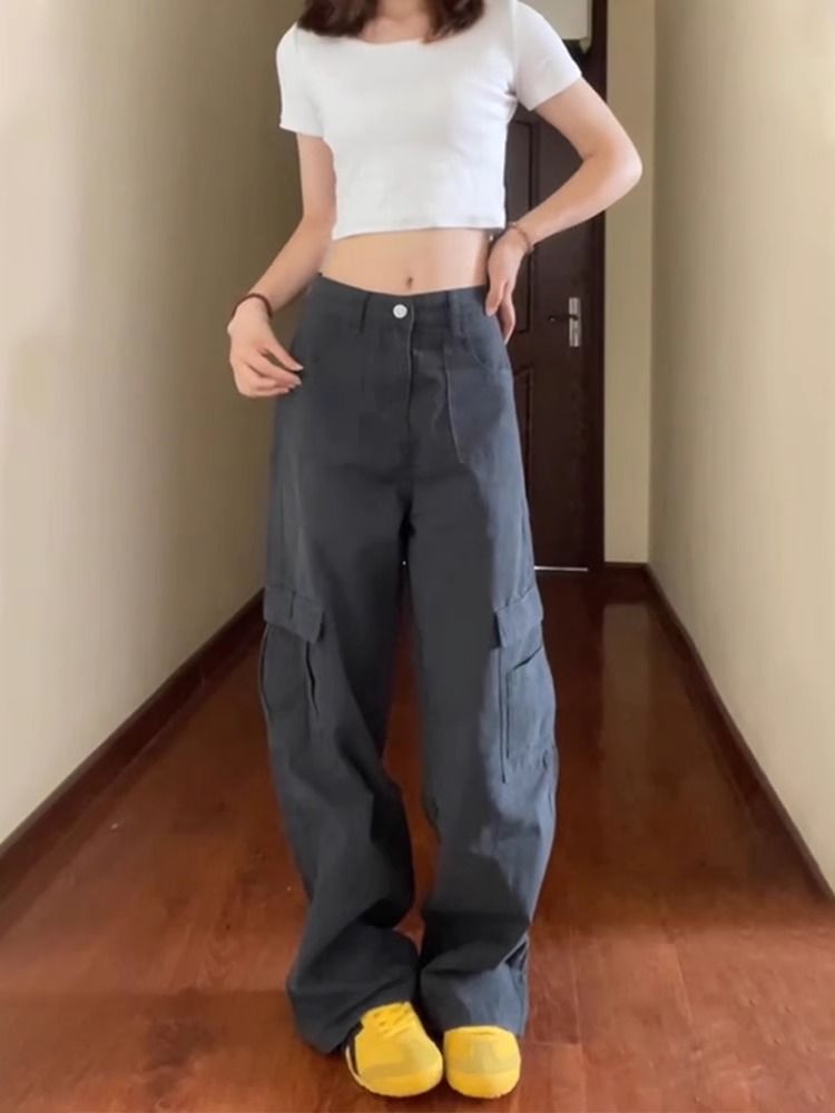 复古深灰色阔腿工装裤女秋季新款高腰显瘦设计感多口袋休闲裤子潮