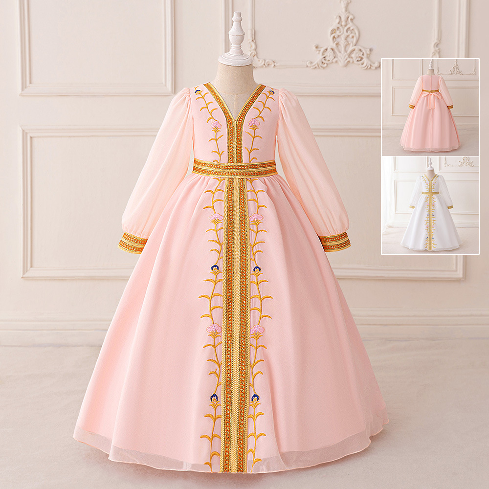Europa y los Estados Unidos nuevos vestidos de niñas vestidos de princesa de manga media y larga impresión de bordado vestidos de cascada vestidos de moda para niños vestidos de noche