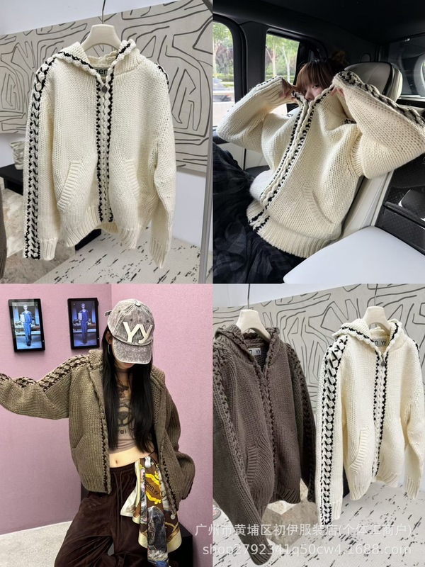 高版本~Opeyy25新款慵懒风手工粗针撞色连帽开衫外套男女同款毛衣|undefined