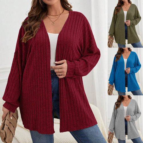 Women's Knit Open Cardigan Top, Plain Color, Loose Fit, Long Sleeve for Autumn/Winter in Europe and America