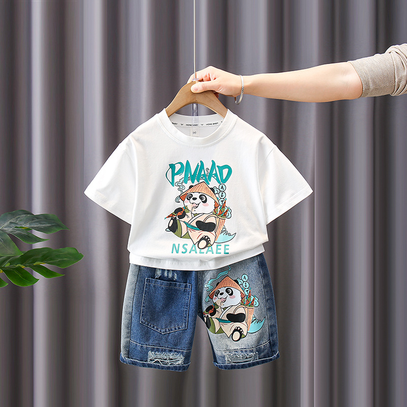 7188 traje de manga corta para niños 2025 verano nuevo estilo camiseta estampada para niños pantalones cortos de mezclilla traje de dos piezas marea de verano