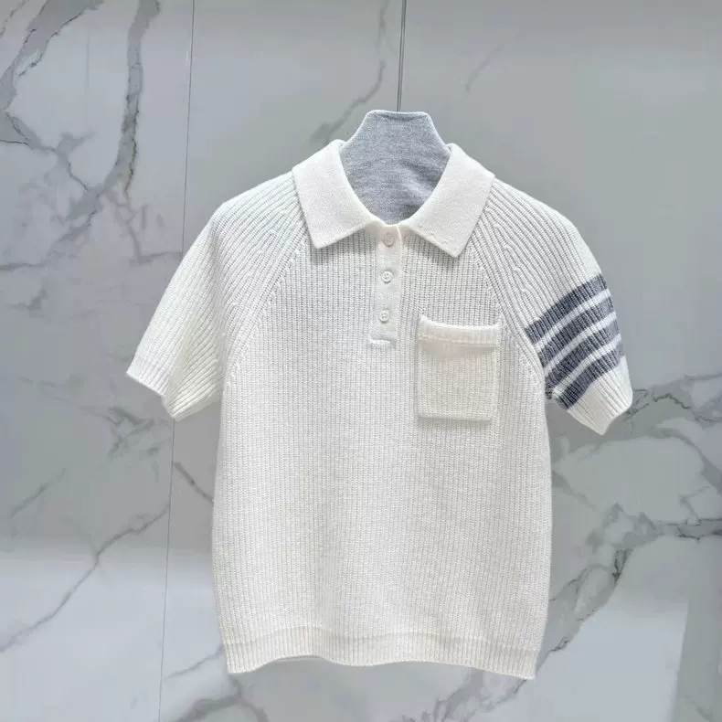 Вязаный полушерстяной демисезонный свитер с коротким рукавом, polo-воротник