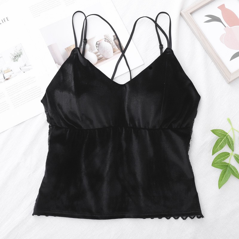 Otoño y invierno dorado de seda mariposa de encaje hermoso chaleco de espalda con cojín de pecho para mujeres una ropa interior apretada top