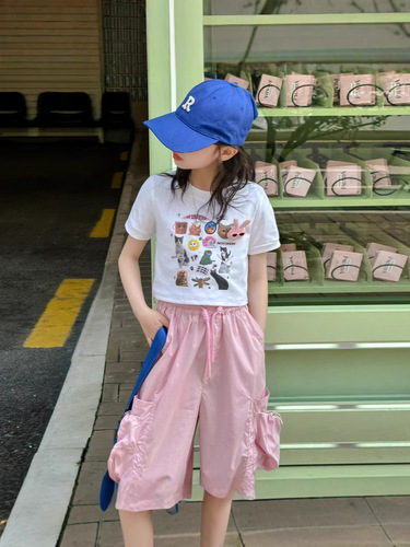 Girls 'fashionable Western-style short-sleeved 2025 summer middle and older children's new trendy cool short-sleeved shirt