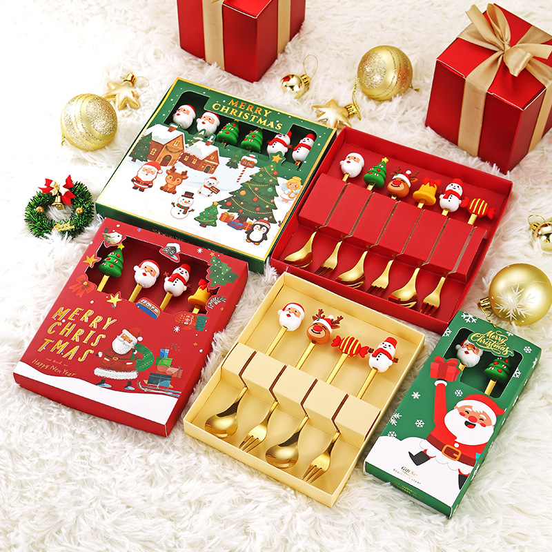 Cross-border stainless steel Christmas spoon and fork gift set, creative snowman spoon and fork, Christmas holiday stirring spoon gift set