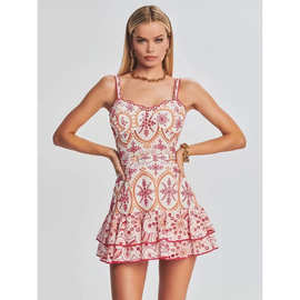 跨境外贸独立站重工刺绣吊带连衣裙度假风收腰显瘦荷叶边短裙女