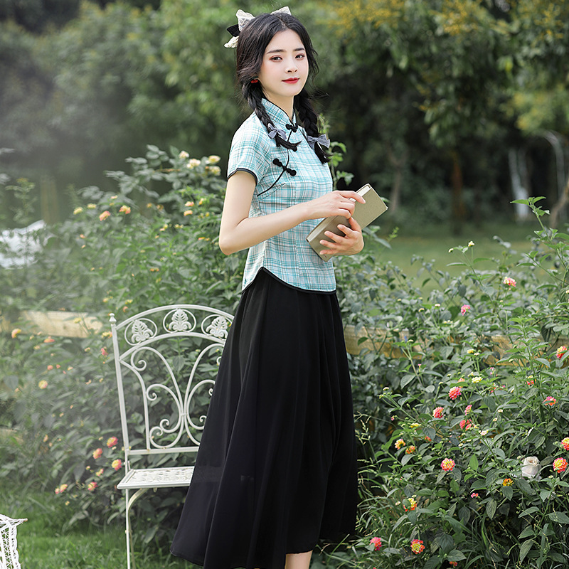 棉麻两件套2025夏民国风学生装斜襟旗袍短款格子上衣仙气半身裙
