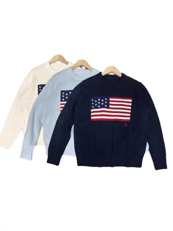 Cross-Border Plus-Size Autumn and Winter New Rl Heavy-Duty Five-Pointed Star Embroidered Striped Flag Pullover Crew Neck Knit Sweater for Men and Women Cross-Border Plus-Size Autumn and Winter New Rl Heavy-Duty Five-Pointed Star Embroidered Striped Flag Pullover Crew Neck Knit Sweater for Men and Women