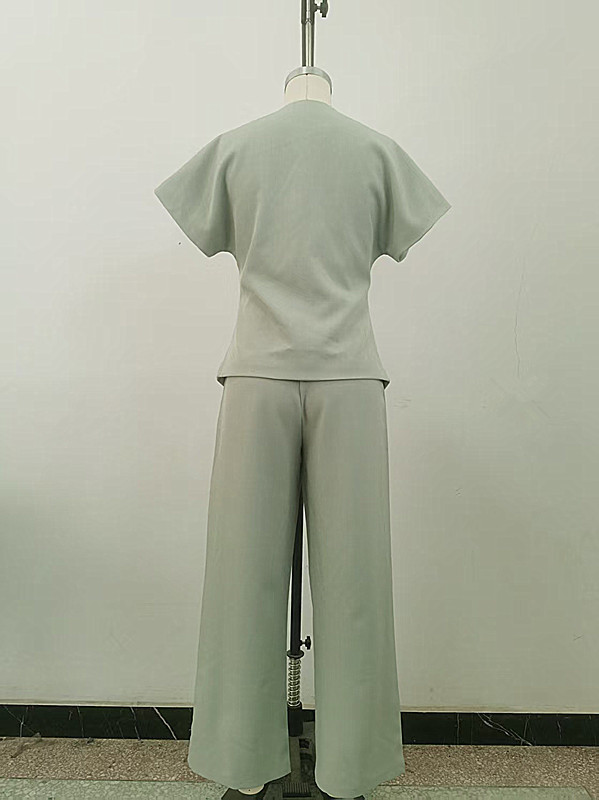 Summer Women's Solid Color Short Sleeve Top And Straight Leg Pants Set_voghion.com