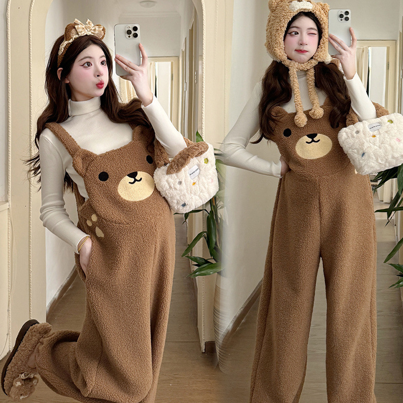 2025 가을 겨울 대형 사이즈 수트 임산부 플러스 벨벳 두꺼운 귀여운 곰 오버올 + 두꺼운 바닥 투피스 수트