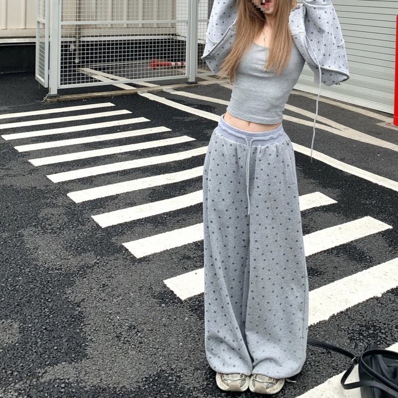 2026 American-Style Star Print Hooded Sweatshirt Jacket for Women + Loose Casual Pants Two-Piece Set, Heather Gray Jacket 2026 American-Style Star Print Hooded Sweatshirt Jacket for Women + Loose Casual Pants Two-Piece Set, Heather Gray Jacket