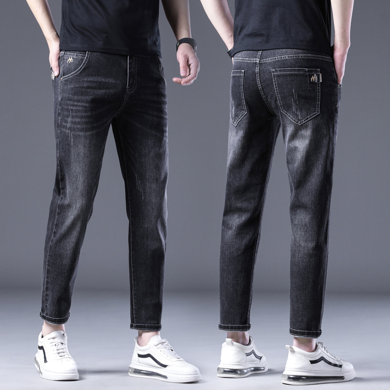 2026 Spring/Summer Men's High Elastic Slim Fit Cropped Jeans Korean Style for Teenagers and Petite Individuals 9/10 Length Pants