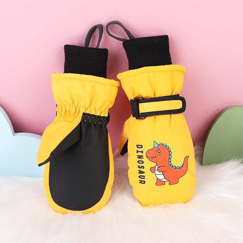 Invierno niños juegan nieve impermeable, calentamiento y espessado y dedos para esquiar dibujos animados dinosaurios guantes antideslizantes lindos