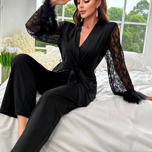 亚马逊跨境新款仿真丝家居睡衣套装蕾丝睡裙拼接性感睡衣厂家直销