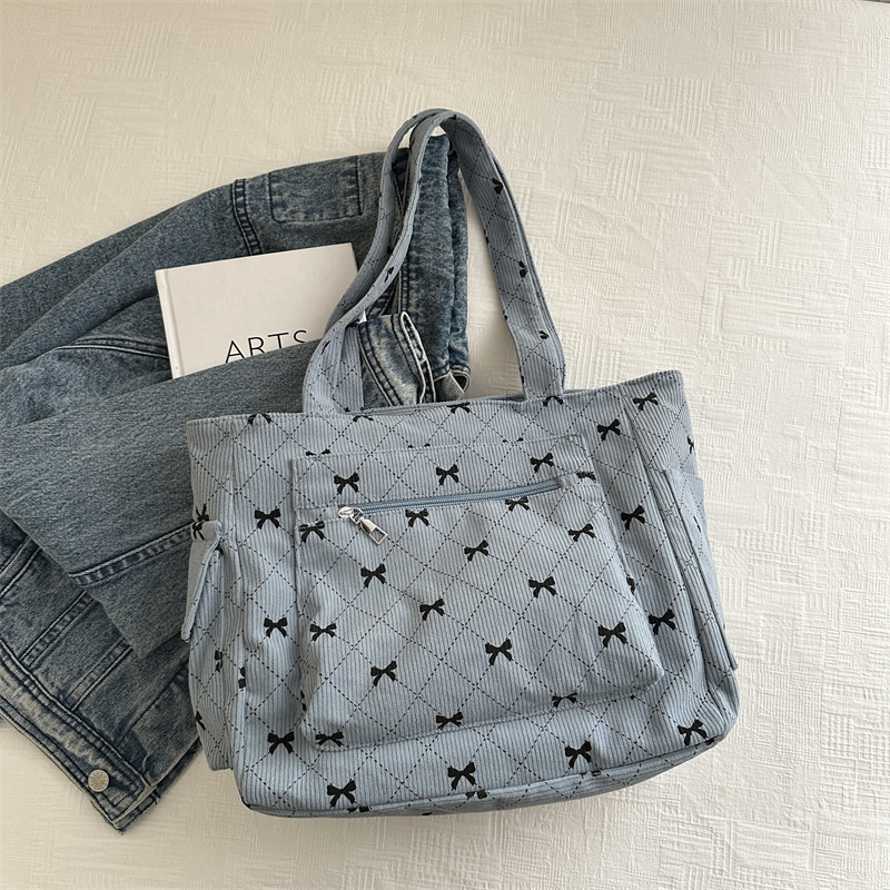 Bolso Tote de pana de moda coreana 2024 verano nuevo estilo bolso de hombro con estampado de diamantes mochila de cercanías con lazo