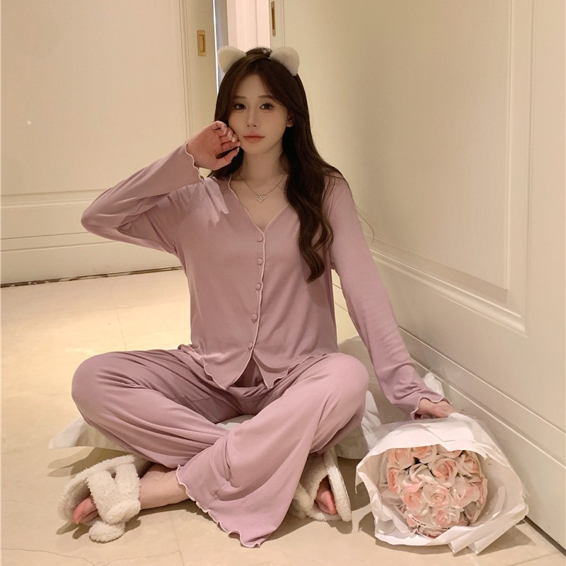 パジャマ春夏秋モーデルコットンセクシー快適vネック長袖長ズボンセットホームウェア