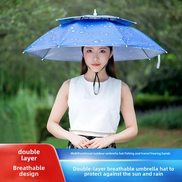 Double layer windproof and rainproof fishing umbrella cap head-mounted umbrella sunscreen folding overhead umbrella cap outdoor sunshade fishing