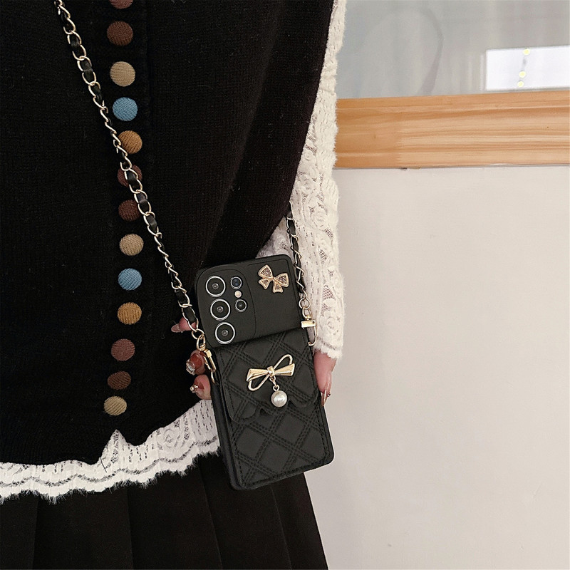 Leather Pattern for Samsung S23/24/25Ultra Phone Case Small Chanel Pearl A03S Card Bag Fashion Crossbody Chain