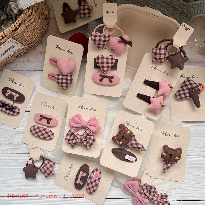 New Sweet Pink and Coffee Plaid Five-Pointed Star Bow Hair Clip Fabric Handmade Children's Bangs Clip Baby Side Clip