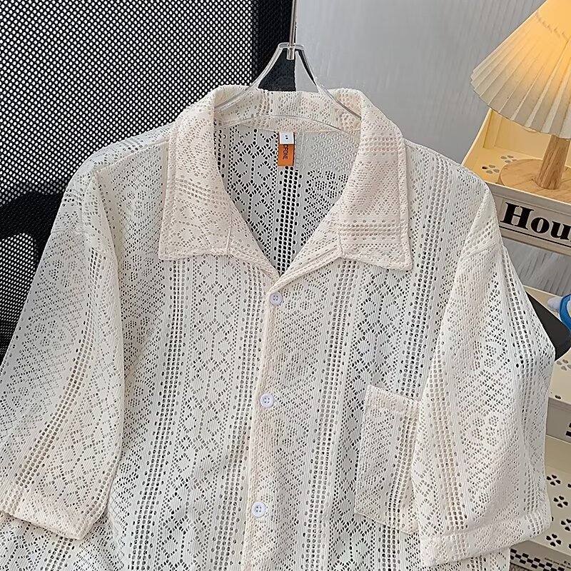 Summer Hollow-Out Lace Artistic Shirt for Men, Niche Design, Light Luxury, Breathable, Thin Style, Vacation Casual Shirt