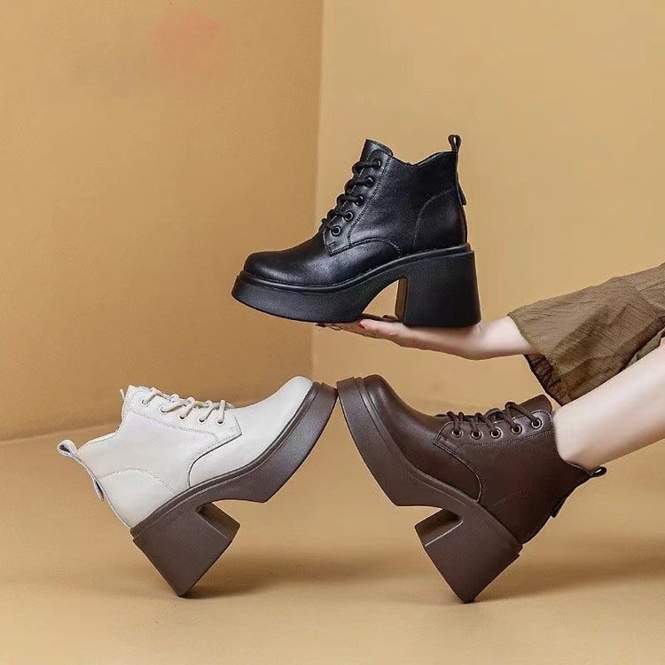 Round Toe Thick Heel Boots for Women 2025 Autumn and Winter New Style Heightening and Slimming Look Fashionable Versatile British Style Women's Short Boots