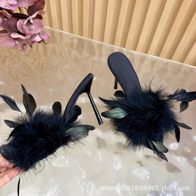 French-Style Feather High-Heeled Mules with Pointed Toe, 2026 New Fashion Versatile Thin Heels to Match with Dresses, High-Heeled Sandals French-Style Feather High-Heeled Mules with Pointed Toe, 2026 New Fashion Versatile Thin Heels to Match with Dresses, High-Heeled Sandals