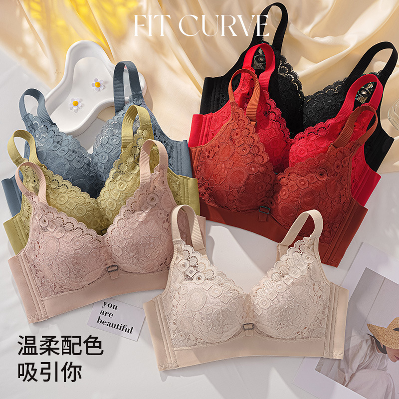 No steel ring 3/4 cup bra with high height side push adjustment chest shape gathered medium thickness soft kiss cotton rose essential oil
