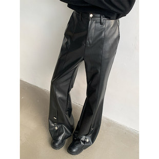Niche Metal Rivet Decorative Workwear Leather Pants Men's Cleanfit Design Slightly Flared Wide-Leg Pants