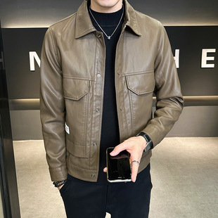 2025 Autumn New Men's Motorcycle Leather Jacket Shop Owner Trend Men's Handsome Casual Lapel Slim Jacket Trend