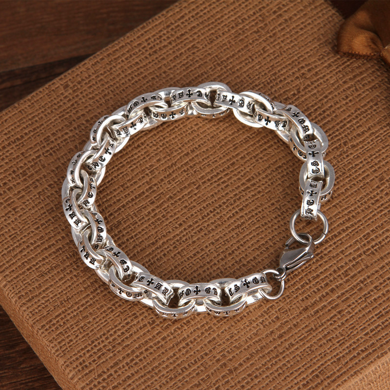 Retro Silver ch Bracelet for Women and Men, Trendy Brand Thai Silver Old Japanese and Korean Version of Personalized European and American Croxing Bracelet for Couples