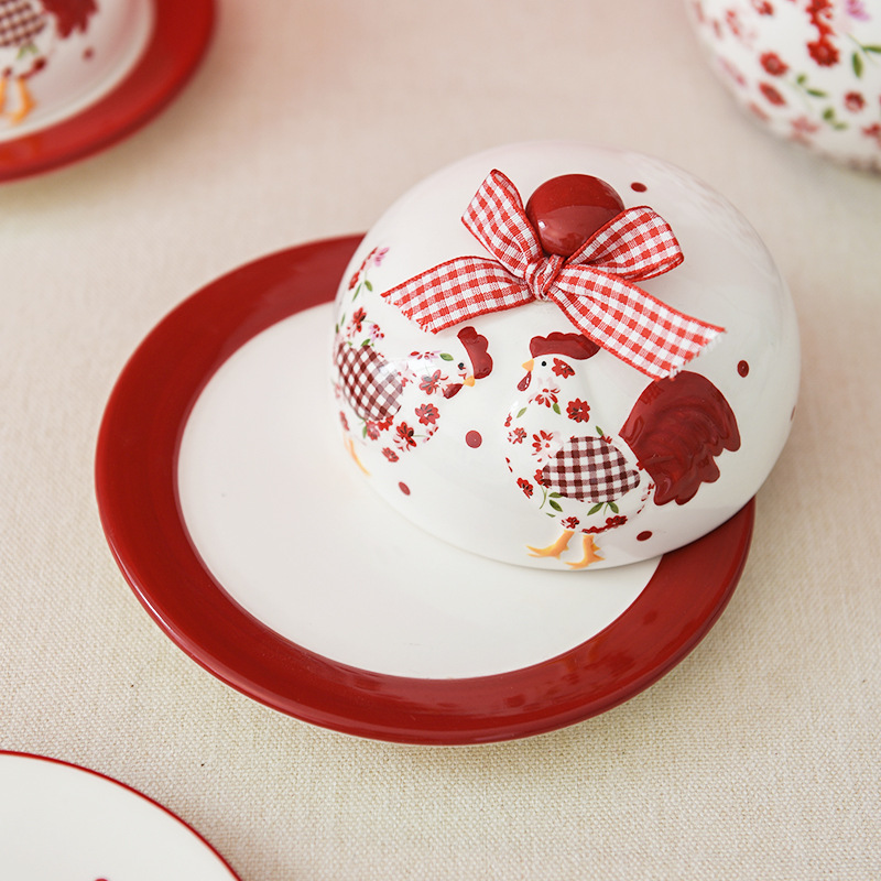 Estilo pastoral rojo floral pollo cerámica plato de mantequilla decorativo merienda plato postre plato ins estilo vajilla Pascua
