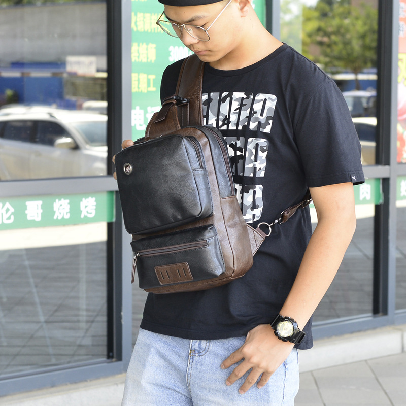 Men's Full Pu Fashion Chest Bag Shoulder Bag Crossbody Bag Large Capacity Casual Large Bag