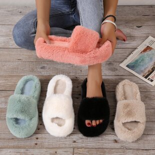 Thick-Soled Non-Slip Fur Slippers for Women 2025 New Sweet Flower Comfortable Autumn and Winter Outer Wear Lazy Cotton Slippers Manufacturer Ready Stock