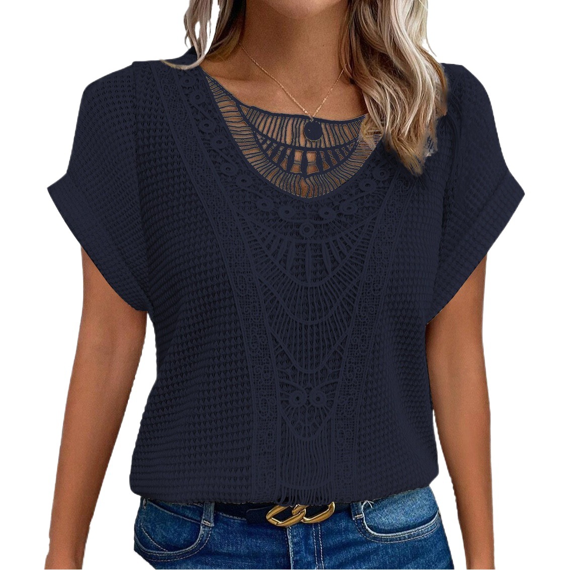 2024 Amazon European and American spring and summer new independent stand lace stitching short-sleeved T-shirt in stock cross-border women's clothing