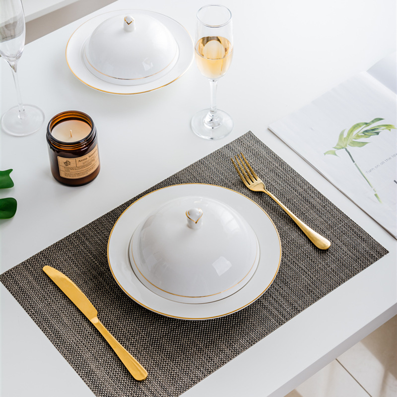 Hotel de cerámica desayuno plato occidental con tapa Placa de pasta de pepino de mar abulón plato de arroz hebilla plato de arroz de estilo japonés