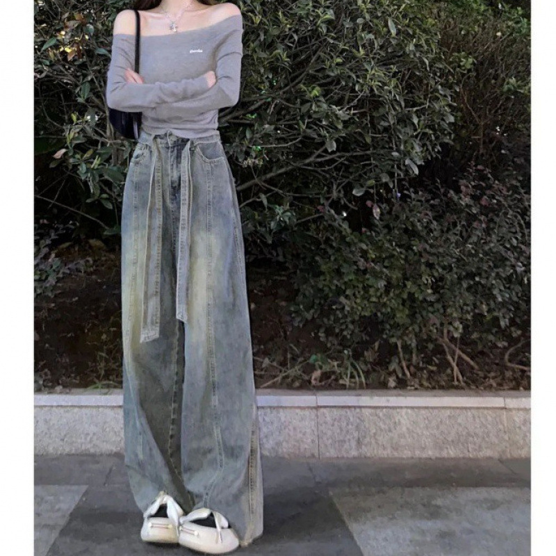 American-Style Narrow Wide-Leg Jeans for Women, Autumn New High-Waisted Tie Design, Loose and Slimming Floor-Length Pants Trendy