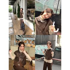 你好卡农 复古娃娃领pu皮马甲外套女秋季2025新款气质百搭短上衣