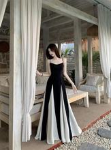 法式拼接撞色吊带连衣裙女装夏季设计感收腰a字裙子大摆拖地长裙