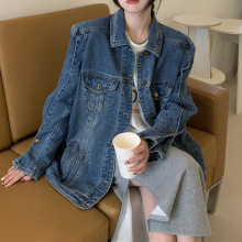 复古炸街直角肩中长款牛仔外套女2025年新款春季韩版宽松休闲上衣