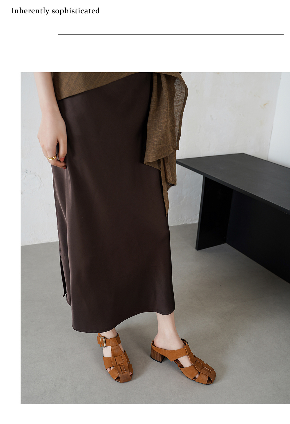 Dép sandal nữ quai dệt da cừu, đế La Mã thô, gót 4.5 cm — Màu caramel chi tiết 11