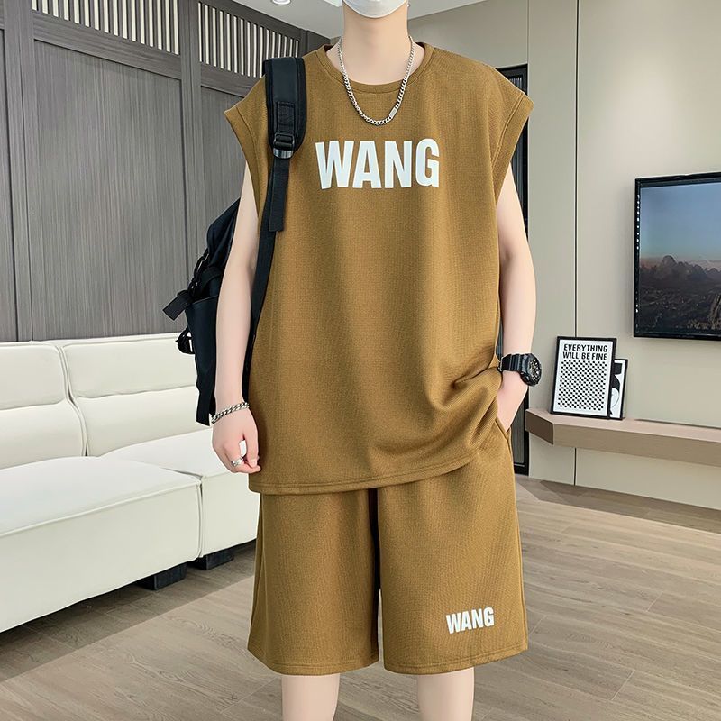 2025港风无袖男士夏季套装冰丝宽松背心休闲运动套装运动两件套棉