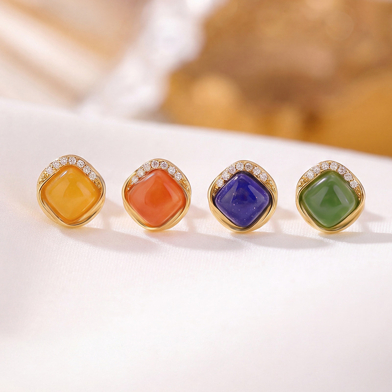 Bông tai bạc S925 đính đá lapis lazuli hình vuông phong cách — Xanh lapis lazuli