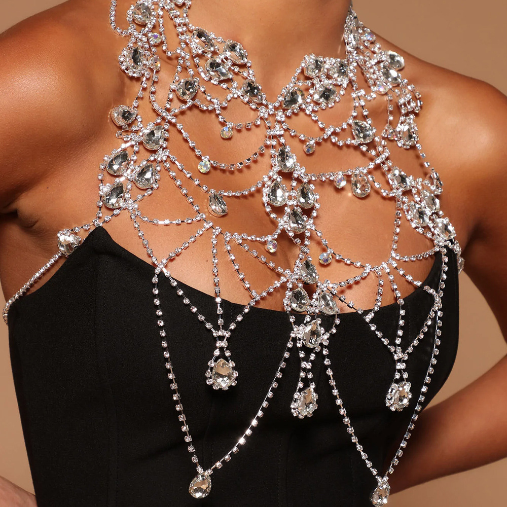 AliExpress moda multi-capa de diamantes de imitación Cadena de pecho personalidad exagerada colgante Cadena de pecho accesorios de cadena de cuerpo Cadena de pecho