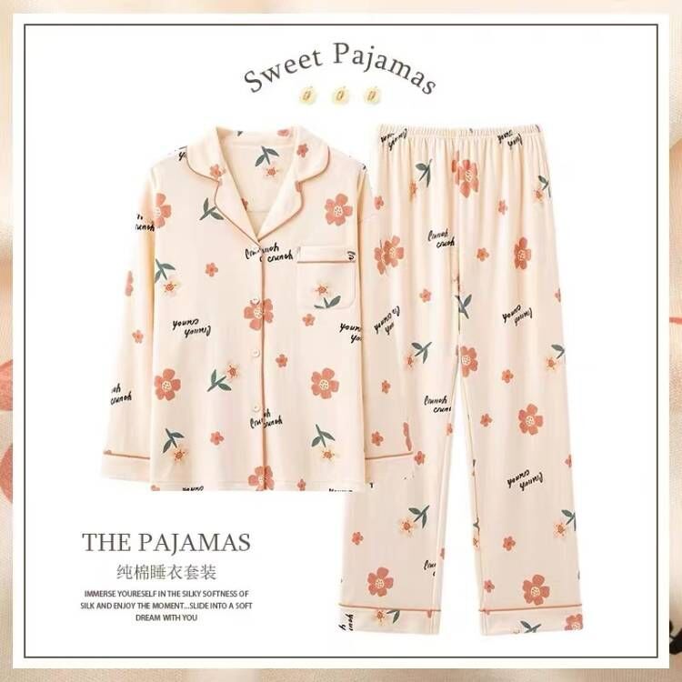 Mamá Pijamas Mujer primavera y otoño 100% algodón más tamaño pantalones de manga larga de mediana edad y ancianos otoño traje de desgaste para el hogar al aire libre