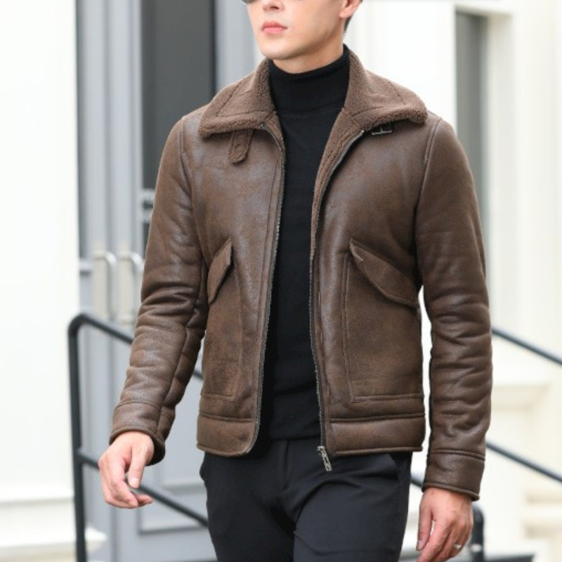 Low-Price Cross-Border Foreign Trade Winter Fleece-Lined Thick Warm Fur Integrated Motorcycle Leather Jacket Coat for Men